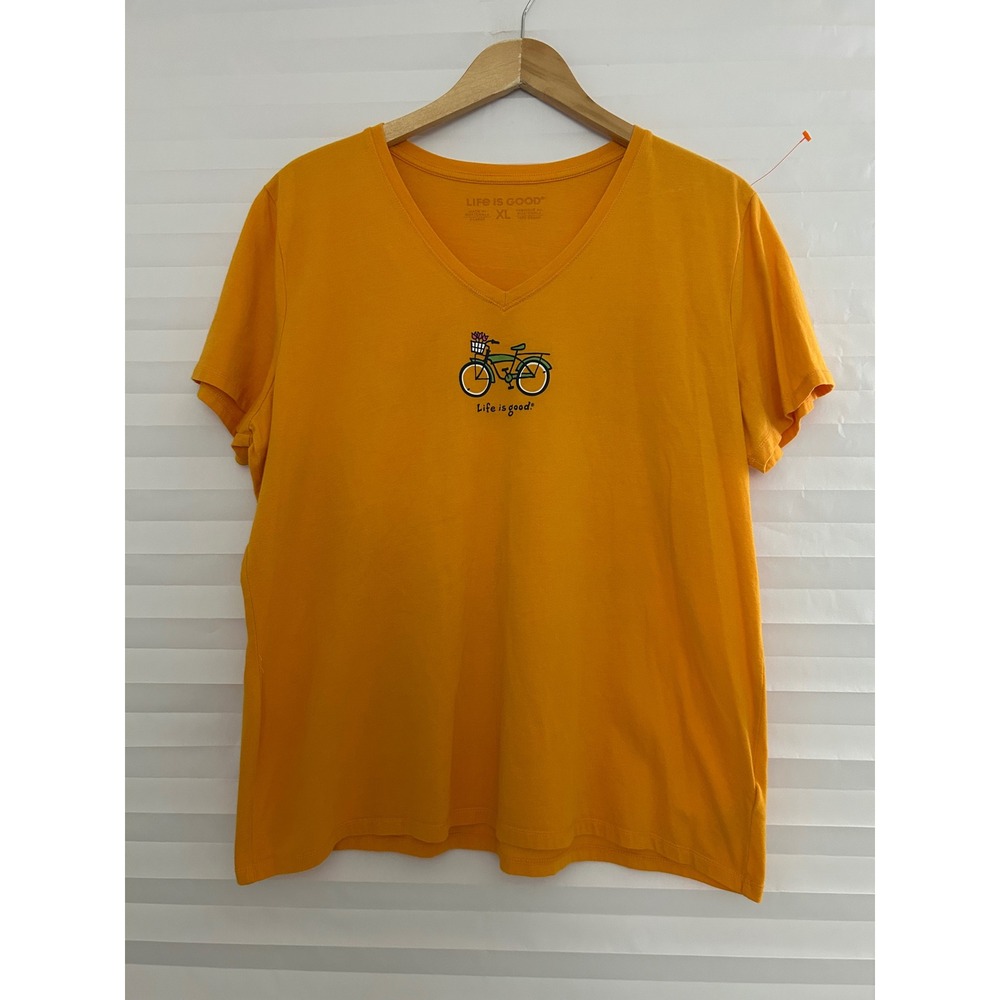 Life is Good Womens XL V-Neck T-Shirt Mustard Yellow Bicycle Graphic Tee